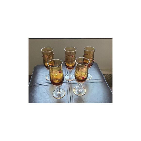 5 1930 Murano Tulip Cordial Glasses 22k Gold Trim and Filigree w/ Red Jewels - Picture 1 of 15